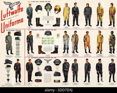 Detailliertes Ausweisungsplakat der Newsmap 1944 mit dem Titel LUFTWAFFENUNIFORMEN UND -ABZEICHEN, das verschiedene Uniformen und Rangabzeichen der deutschen Luftwaffe zeigt Stockfoto