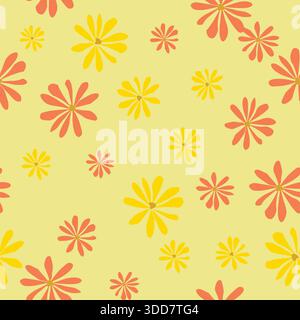 Handgezeichnete stilisierte Blumenformen verstreut, sanfter gelber Hintergrund in warmen Pfirsichfarben, goldenen Tönen. Vektor dekoratives Blumenlayout für Schreibwaren Stock Vektor