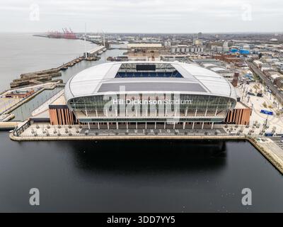 Ein Blick aus der Vogelperspektive auf das Hill Dickinson Stadium, das neue Zuhause des Everton Football Club am ehemaligen Bramley Moore Dock an der Liverpool Waterfront. Stockfoto