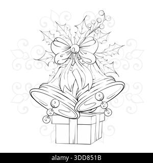 Weihnachtsglocken Dekoration mit Stechpalmenblättern festliches Band und Geschenkbox fröhliches Design für Feiertage Malaktivität handgezeichneter Stil ideal für Kinder Stock Vektor