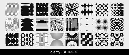 Brutalistische y2k-Shape-Kollektion mit abstrakten geometrischen Elementen in Schwarz und weiß. Vektorset aus Kreisen und Zickzack, Streifen und Spiralen, welligen Linien und brutalen Formen für modernes Design. Stock Vektor
