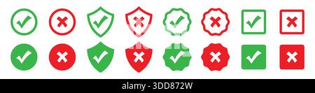Minimalistisches grünes Häkchen und rotes Kreuz gesetzt oder richtig und falsch oder genehmigt und abgelehnt, Ja oder Nein gesetzt Stock Vektor