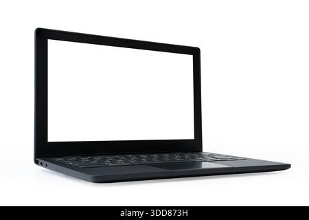 Schwarzer Laptop-Computer mit leerem weißen Bildschirm auf weißem Hintergrund. Mockup-Gerät für Website, App, Präsentation, Online-Arbeit, Technologie, und Stockfoto