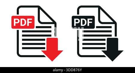 Vektorsymbole zum Herunterladen von PDF-Dokumenten. Symbole zum Herunterladen von Dateien, PDF-Dateien zum Herunterladen von flachen Symbolen Vektor-Illustration Stock Vektor