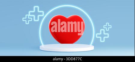 Medizinisches Podium mit rotem Herzsymbol auf weißer Plattform und blauem Hintergrund mit Neon-Plus-Symbolen. Healthcare Concept Illustration - zylindrischer 3D-Tisch, leuchtender kreisförmiger Rahmen und Kreuzelemente Stock Vektor