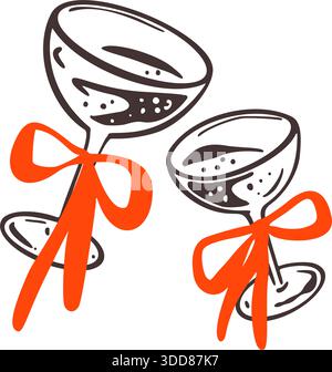 Elegante Champagnergläser, die mit feinen Schleifenbändern geschmückt sind. Perfekt für Hochzeiten, Junggesellinnen, festliche Weihnachtsfeiern und Stock Vektor