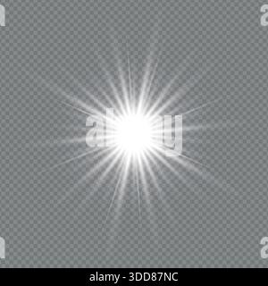 Realistische Sonnenstrahlen mit leuchtenden Sternenstrahlen, abstraktem Glanz und Lichteffekten. Lichter flackern, Sternblitzlicht, weiße Sonnenstrahlen Vektor-Vorrat Stock Vektor