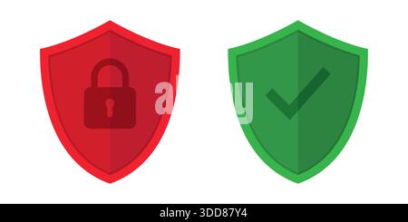 Set von Symbolen für Sicherheitsschilde. Schild mit Häkchen, Vorhängeschloss, Schloss, Entriegelungssymbol durchgehend und umrissene Symbolgruppe Vektorillustration Stock Vektor