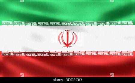 Die schwenkende Flagge des Iran mit aufwändig detaillierter Stoffstruktur und leuchtenden Farben in Grün, weiß und Rot symbolisiert den Nationalstolz Stockfoto