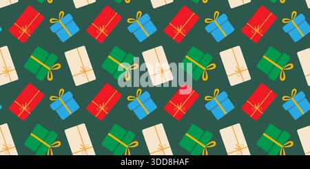 Mehrfarbige Geschenke Oben- und Vorderansicht nahtloses Muster Bannerformat Feiertagshintergrund flache Design-Idee. Isolierte Vektor-Illustration Gruß Thematische Karten Hintergrund Party Einladung, Faltblätter Medien Beiträge Stock Vektor