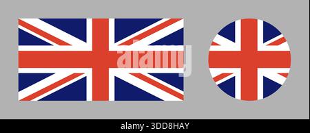 Rundes, rechteckiges Symbol der britischen Flagge. UK-Flaggensymbol. Offizielles Farbschema. Set der britischen Flagge im Kreis, Rechteck. Kreisförmige Taste, Banner Stock Vektor