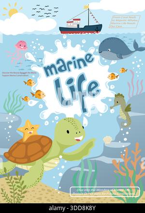 Niedliche Zeichentrickschildkröte und Meerestiere unter dem Ozean fördern den Schutz der Meereslebewesen Stock Vektor