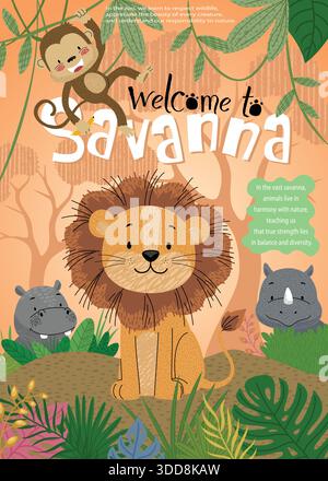 Cartoon-Löwen, Affen, Nashörner und Nilpferde in der Savannenlandschaft fördern die Harmonie von Tier und Natur Stock Vektor