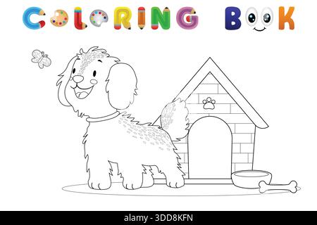 Niedlicher Zeichentrickhund mit Doghouse und Schmetterling, schwarz-weiß Malbuch Seite für Kinder Stock Vektor