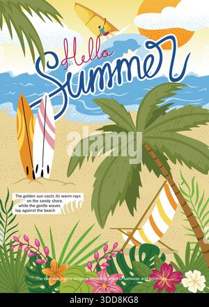 Sommer Strand Illustration mit Surfbrettern, Palmen und Wellen unter sonnigem Himmel Stock Vektor