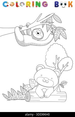 Niedliches Cartoon Faultier hängt am Baum und Bär auf Baumstamm, schwarz-weiß Malbuch Seite für Kinder Stock Vektor