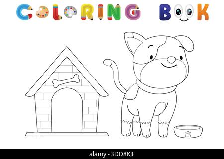 Niedlicher Cartoon-Welpe mit Hundehaus und Futterschale, schwarz-weiß-Malbuch-Seite für Kinder Stock Vektor