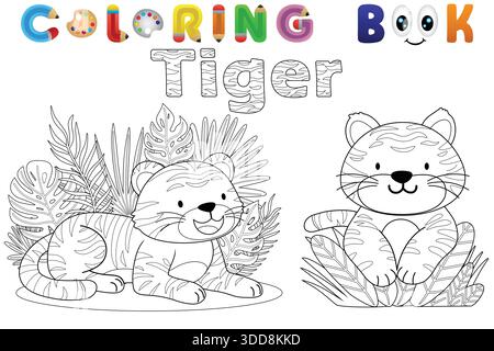 Zwei niedliche Cartoon-Tiger mit tropischen Blättern, schwarz-weiß-Färbung Buchseite für Kinder Stock Vektor
