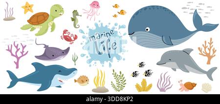 Karikaturillustration von Meerestieren einschließlich Wal, Delfin, Schildkröte, Hai, Seepferdchen, Quallen-, Krabben- und Korallenriffelemente Stock Vektor