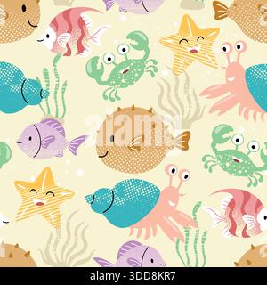 Nahtloses Muster mit tropischen Fischen, Seesternen, Krabben und Meerespflanzen im verspielten Cartoon-Stil Stock Vektor