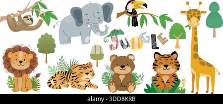 Niedliches Comic-Dschungeltier-Set mit Löwen, Tiger, Elefanten, Giraffen, Bären, Faultier, Tukan und Chamäleon Stock Vektor