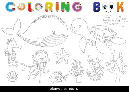 Niedliche Ozeantiere, Malbuchseite mit Schildkröten, Walen, Quallen, Seepferdchen und Meerespflanzen in Schwarz-weiß für Kinder Stock Vektor