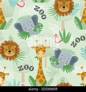 Niedliche Zootiere, nahtloses Muster mit Cartoon-Löwen, Elefanten, Giraffen, Bäumen und Blättern Stock Vektor