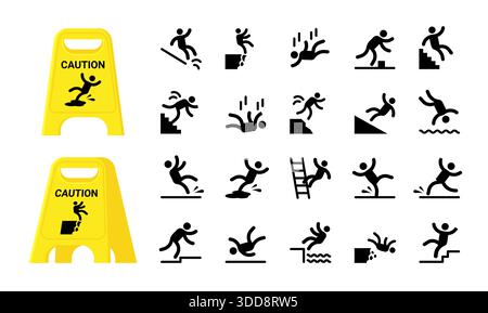 Sicherheitssymbole. Sturzschild, Vorsicht beim Stolpern, Unfall. Stock Boden, Gefahr für Person Figur. Arbeitsgefahr. Springender und landender Charakter. Vektorpiktogramm isolierte schwarze Silhouetten Set Stock Vektor