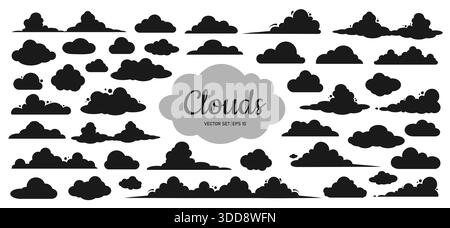Ein Satz schwarzer Wolken unterschiedlicher Formen und Größen auf weißem Hintergrund. Eine Reihe von Karikaturwolken und Sprechblasen im Zeichentrickstil. Stock Vektor
