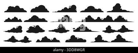 Ein Satz schwarzer Wolken unterschiedlicher Formen und Größen auf weißem Hintergrund. Eine Reihe von Wolken im Zeichentrickstil. Stock Vektor