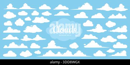 Ein großer Satz von Symbolen für Vektorwolken in weiß auf blauem Hintergrund. Elemente für Ihr Design. Stock Vektor