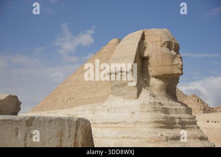 Große Sphinx von Gizeh aus Kalkstein gemeißelt, berühmte antike ägyptische Statue auf dem Gizeh-Plateau Stockfoto