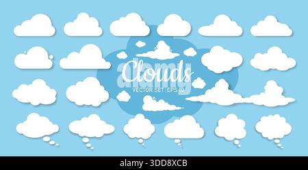 Ein Satz weißer Wolken unterschiedlicher Formen und Größen auf blauem Hintergrund. Eine Reihe von Karikaturwolken und Sprechblasen im Zeichentrickstil. Stock Vektor