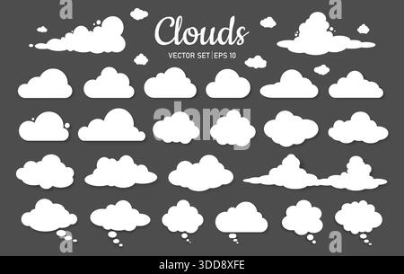 Eine Reihe von Silhouetten von Wolken mit einem weißen Schatten in verschiedenen Formen auf einem dunkelgrauen Hintergrund. Stock Vektor