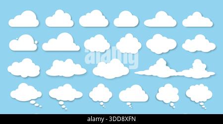 Ein Satz weißer Wolken mit einem Schatten unterschiedlicher Formen auf blauem Hintergrund. Eine Reihe von Karikaturwolken und Sprechblasen im Zeichentrickstil. Stock Vektor