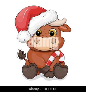 Niedlicher Karikaturbüffel mit Weihnachtsmütze und Zuckerrohr. Neujahrsvektor-Illustration von tierischen und süßen Lebensmitteln auf weißem Hintergrund. Stock Vektor