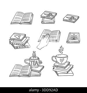 Linie Kunst Teetasse steht auf Stapel von Büchern Hand gezeichnete Symbole Set Vektor Illustration. Gemütliches Leseklipart-Paket Stock Vektor