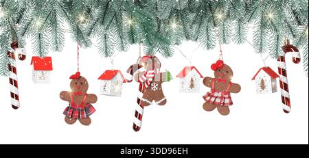 Wunderschönes Weihnachtsdekor und Tannenzweige auf weißem Hintergrund. Bannerdesign Stockfoto