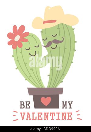 Illustration des Kaktus Umarmungsvektors. Niedlicher Liebeskaktus mit Cowboyhut zum Valentinstag und SMS Stock Vektor