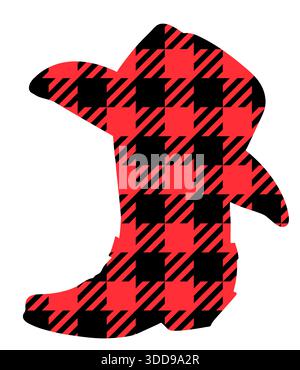 Buffalo Plaid Christmas Cowboy Stiefel Silhouette. Vektor-Illustration Cowboy Hut Land Weihnachten isoliert auf weiß Stock Vektor