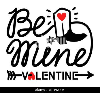 Happy Valentine Day Country Farm mit Cowboy-Stiefel und Textdekoration. Abbildung des Konturvektors für Karte oder Druck auf weiß isoliert Stock Vektor