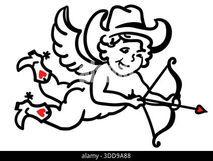 Cowboy Cupid Valentinstag. Vector Love Angel mit Cowboystiefeln und Cowboyhut Illustration isoliert auf weiß für Karte, Druck oder Design Stock Vektor