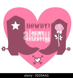 Cowboy Valentinstag Country Farm mit Cowboy Stiefeln und Herzrahmen Dekoration mit Text. Howdy Be Mine Valentinsvektor Liebe Illustration für Text Stock Vektor