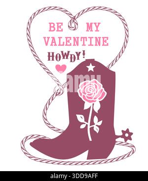 Cowboy-Stiefel mit Blumenrosen-Dekoration und Seilrahmen. Vektor Wilder Westen Stiefel Rodeo Illustration Land Valentinstag isoliert auf weiß für Design oder Stock Vektor