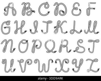 Seilalphabet. Vektorillustration von Buchstaben aus Seeseil isoliert auf weiß. Handgeschriebene Schriftart Stock Vektor