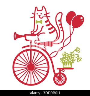 Niedliches Vintage-Fahrrad mit Katzenantrieb. Vektorfarbe Cartoons Illustration der alten Fahrradsilhouette mit Katze, Blumen und Ballons für Druck oder Design isol Stock Vektor