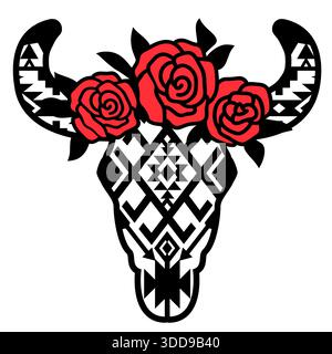 Kuhschädel mit traditionellem aztekischen Ornament und roten Blüten auf dem Kopf. Vektordruck Kunst schwarze grafische Illustration isoliert auf weiß Stock Vektor
