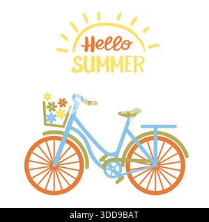 Hallo Sommer Vektor Fahrrad mit Blumen im Korb isoliert weißen Hintergrund für Design oder Postkarte. Vektor-Bike in romantischen Sommer-zarten Farben mit Stock Vektor
