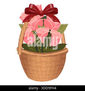 Ein Strauß rosa Rosen in einem Korb, mit einer Schleife gebunden. Vektorillustration auf weißem Hintergrund isoliert. Stock Vektor