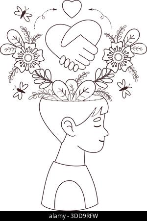 Psychische Gesundheit. Outline Boy Head mit herzliebenden Händen, Blumen und Schmetterlingen. Konzept Harmonie und Freundlichkeit. Ausmalseite für Kinder. Menschlicher Verstand Stock Vektor